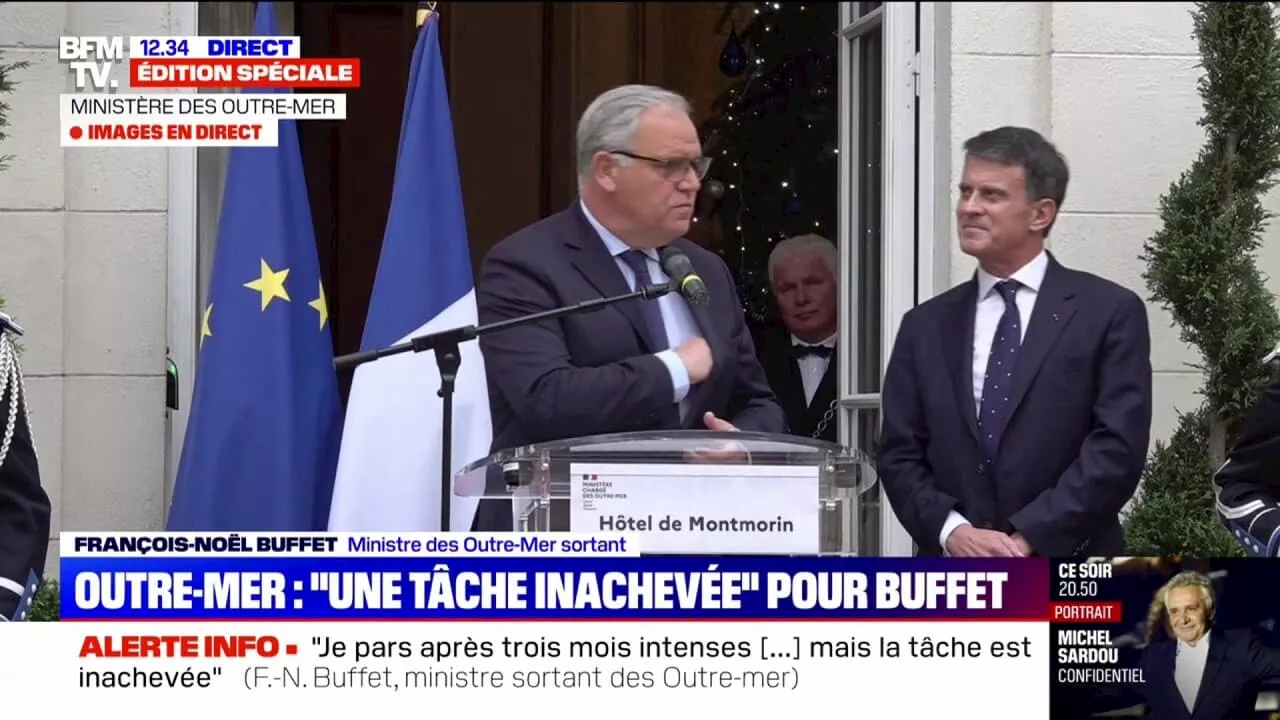 Passation au ministère des Outre-Mer: 'Je vous souhaite que tous les moyens vous soient donnés', déclare François-Noël Buffet (ministre sortant) à Manuel Valls (ministre entrant)