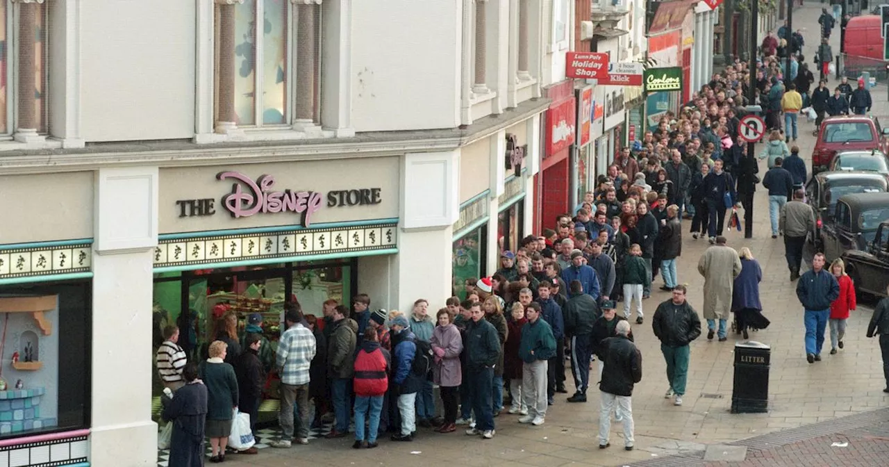 Liverpool Parents Queue for Buzz Lightyear Toy at Clayton Square's Disney Store in 1996