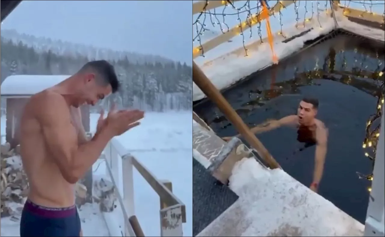 Cristiano Ronaldo disfruta de sus vacaciones navideñas en Finlandia; desafía el agua helada y se mete a nadar