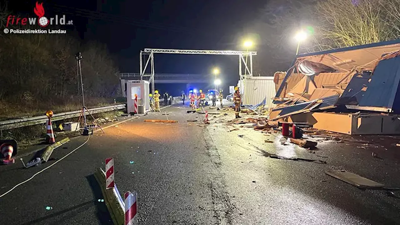 Großer Verkehrsunfall in Scheibenhardt: LKW kracht in Grenzblock, zwei Polizisten leicht verletzt