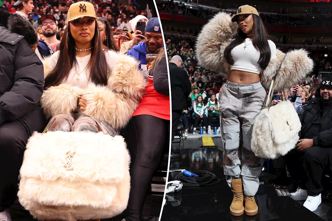 Megan Thee Stallion Rocks Dsquared2 Shearling Satchel Courtside