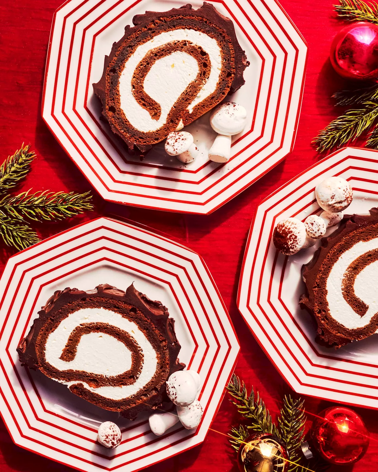 Chocolate Yule Log with Meringue Mushrooms