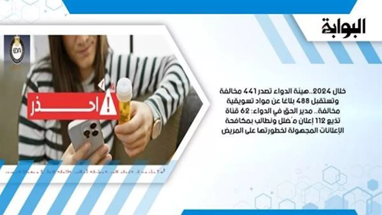 خلال 2024..هيئة الدواء تصدر 441 مخالفة وتستقبل 488 بلاغا عن مواد تسويقية مخالفة.. مدير الحق في الدواء: 62 قناة تُذيع 112 إعلان مُضلل ونطالب بمكافحة الإعلانات المجهولة لخطورتها على المريض