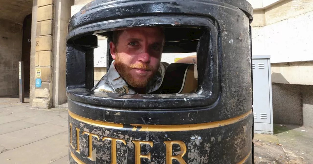 The story of the 5ft 9 busker who squeezes himself into a bin