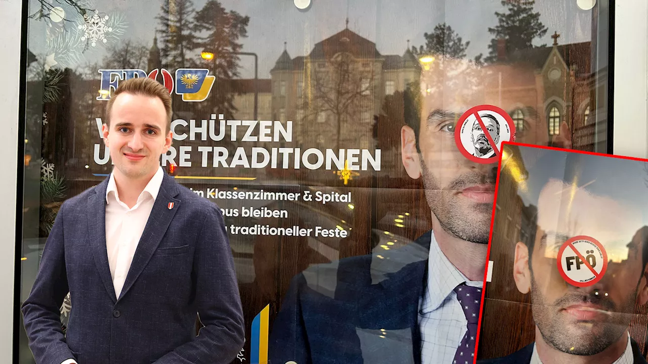 FPÖ-Plakate in Hollabrunn mit Anti-FPÖ-Stickern beklebt