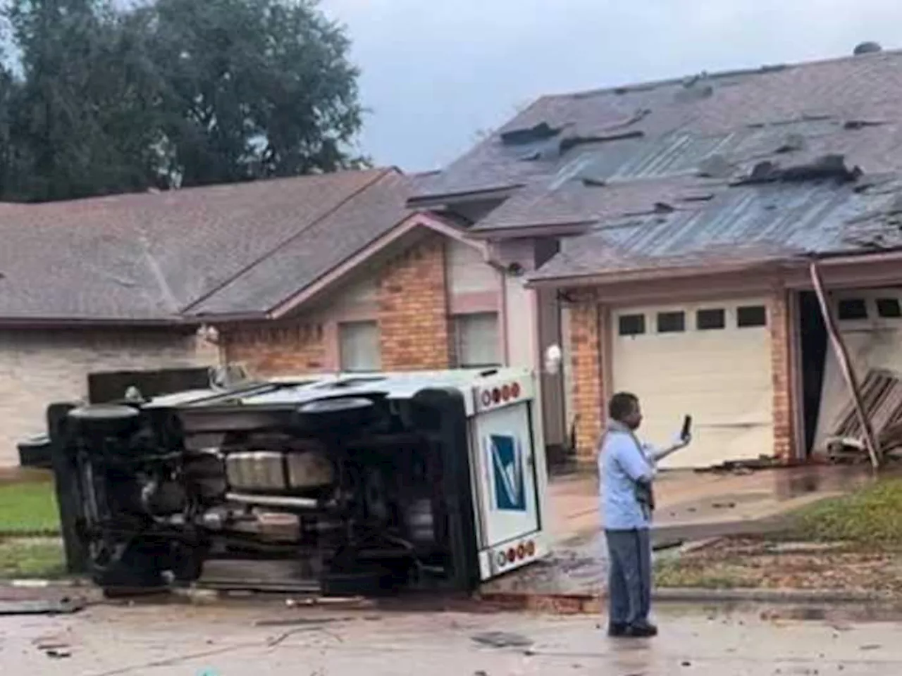 Mail Truck Flips During Tornado in SW Houston
