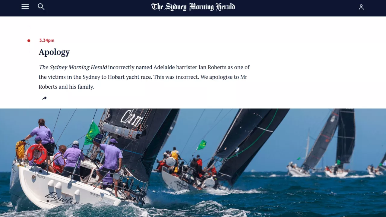 SMH forced to apologise for false claim SA lawyer killed in Sydney to Hobart