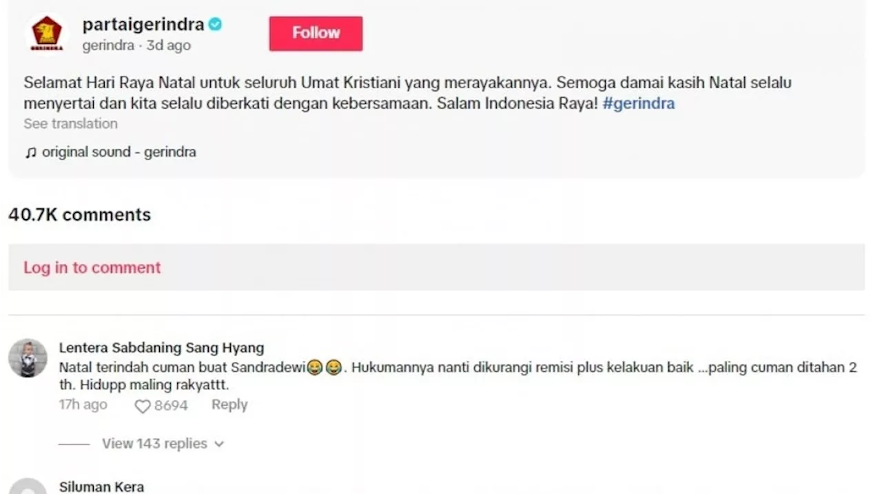 Ucapkan Selamat Natal, Akun TikTok Gerindra Dikeroyok Puluhan Ribu Komentar