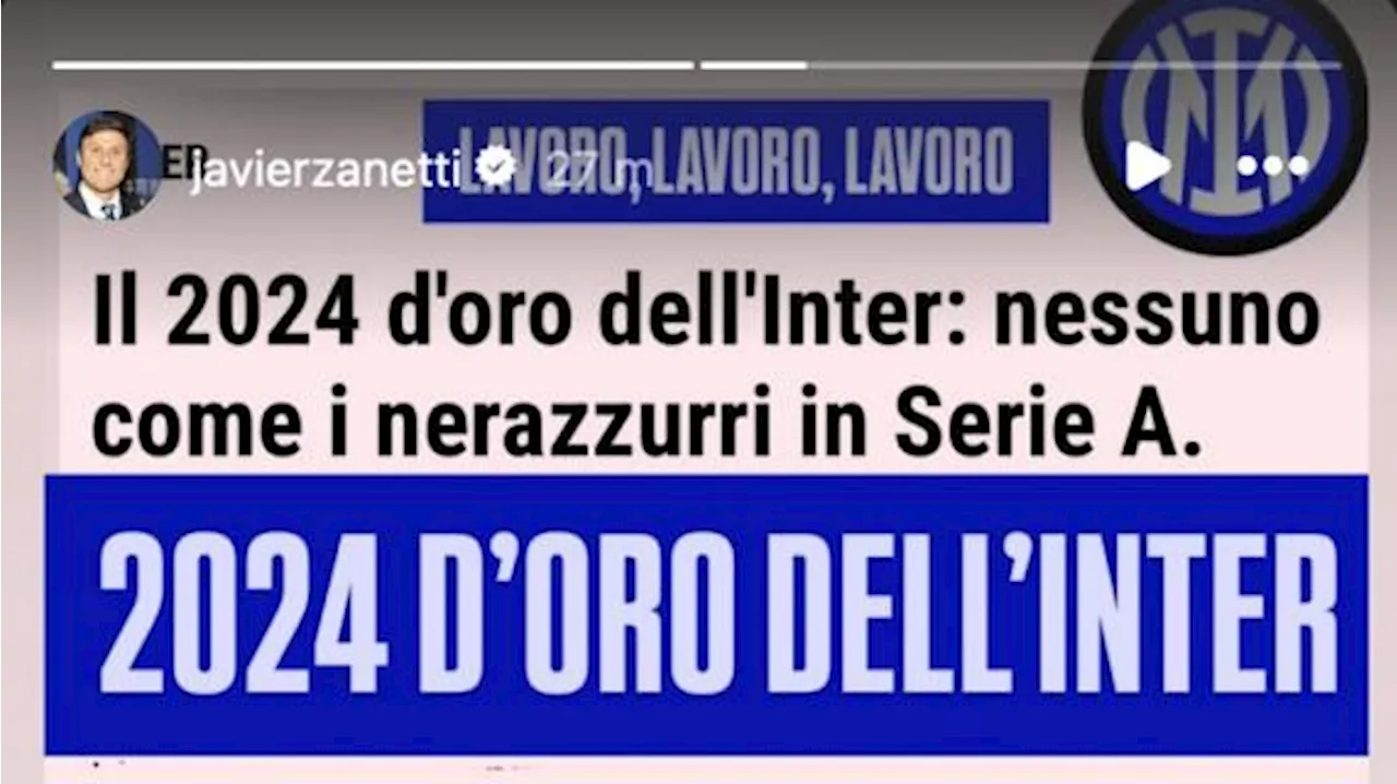 Zanetti esalta la sua Inter: '2024 d'oro. Lavoro, lavoro, lavoro, grazie ragazzi'