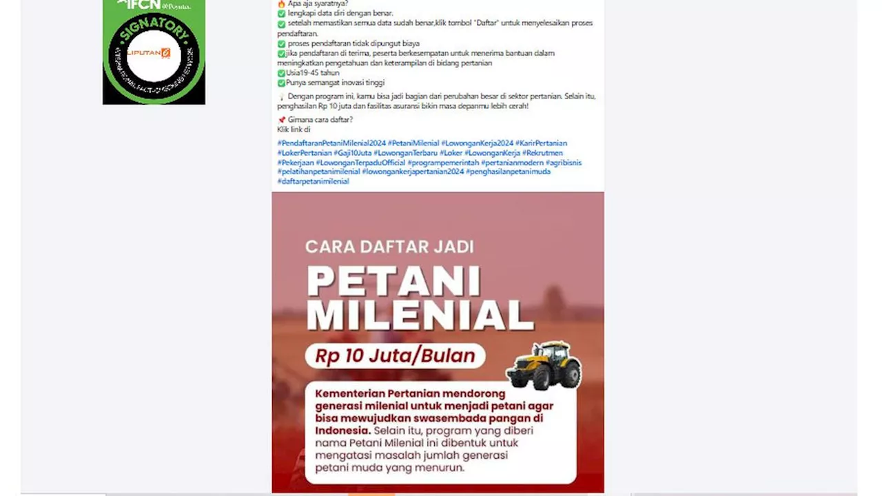 Cek Fakta: Tidak Benar Ini Link Pendaftaran Petani Milenial 2024 Bergaji Rp 10 Juta