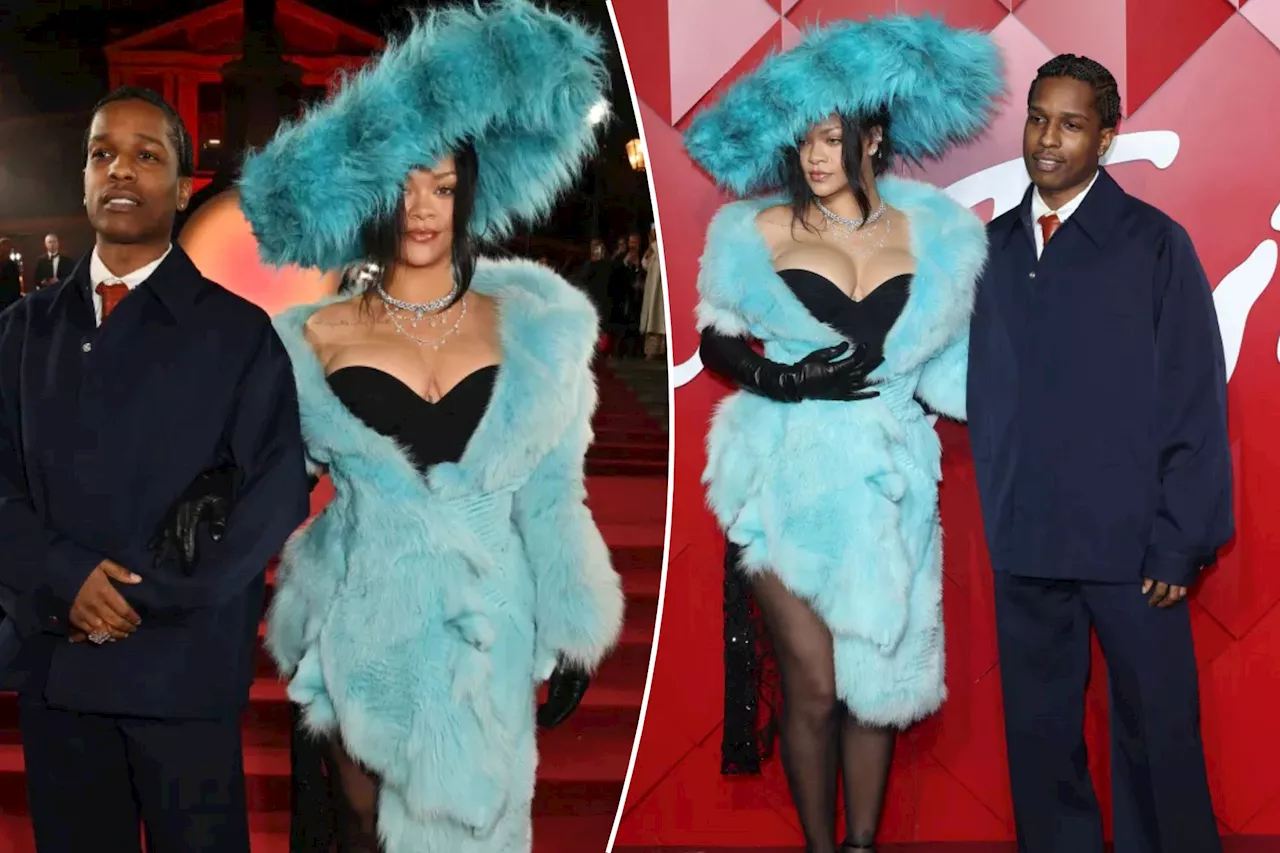 Rihanna rocks supersized blue fur hat and matching mini at British Fashion Awards 2024