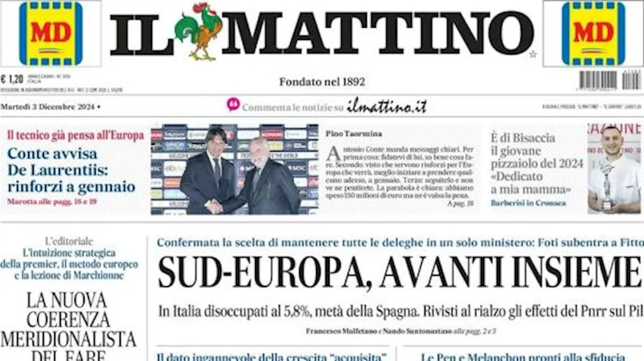 Il Mattino sulle strategie del Napoli: 'Conte avvisa De Laurentiis: rinforzi a gennaio'