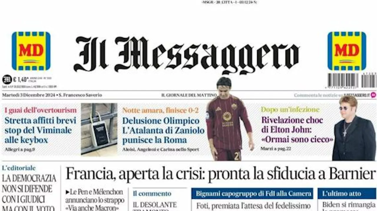 Il Messaggero apre sulla Roma: 'Delusione all'Olimpico, vince l'Atalanta di Zaniolo'