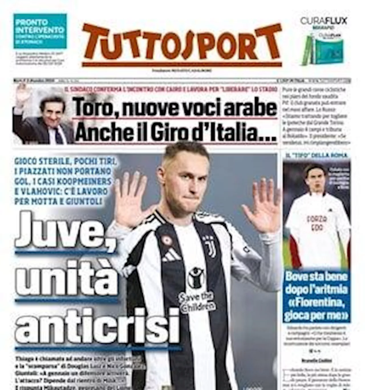 La prima pagina di Tuttosport è sul momento no bianconero: 'Juve, unità anticrisi'