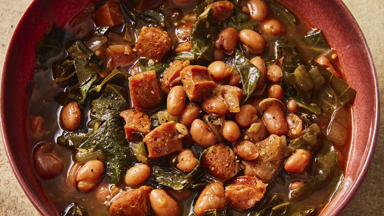 Chorizo adds depth to a paprika pinto bean soup recipe with collard greens