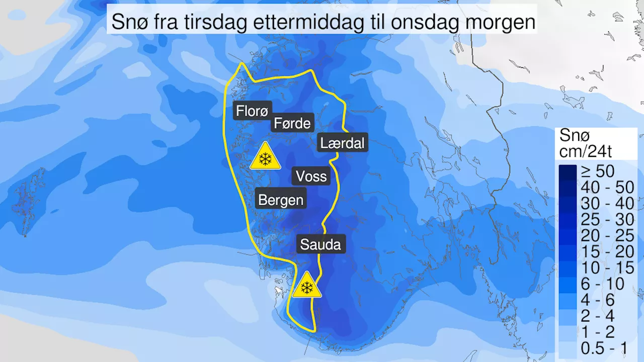 Gult varsel om snø på Vestlandet, snøskredfare og farevarsel for snøfokk