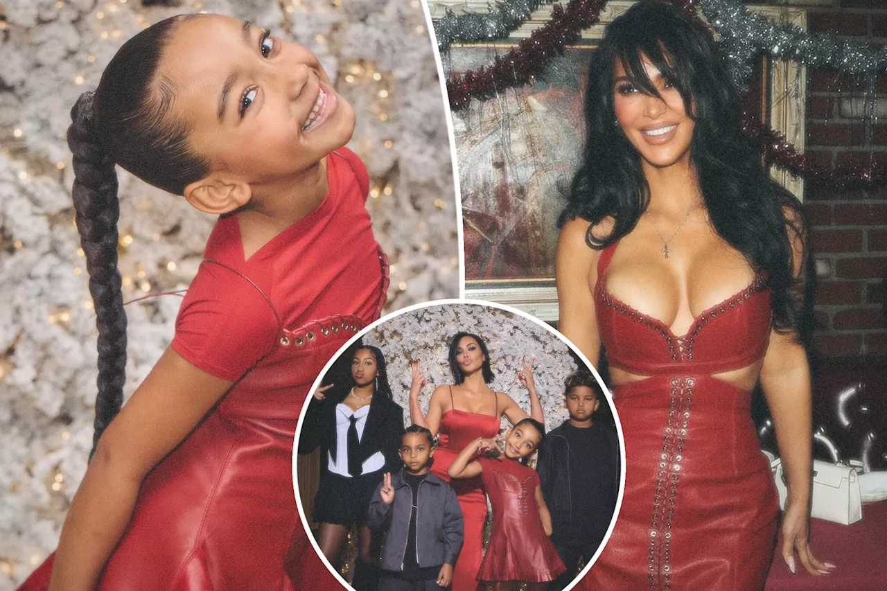 Kim Kardashian and Chicago Twin in Red Leather Dresses for Casual Christmas Eve Party