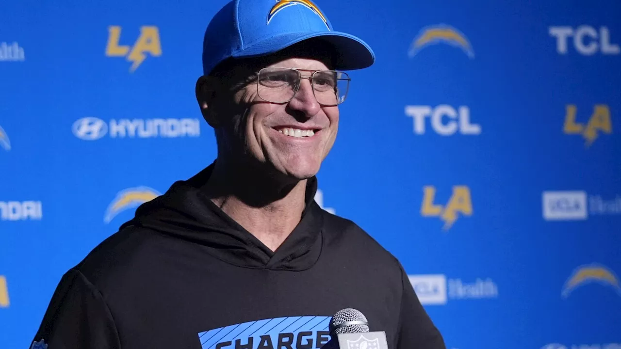 Chargers Coach Harbaugh Faces Reporters After Game