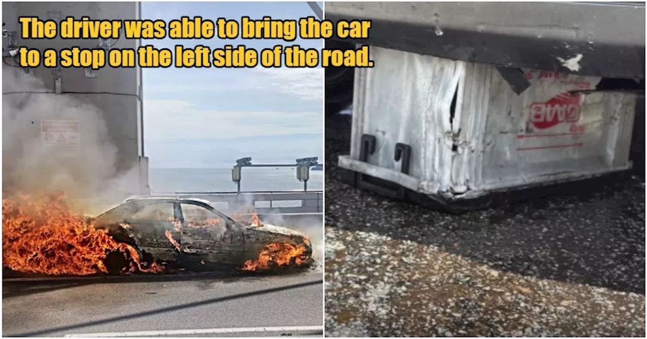 Luxury Car Catches Fire After Hitting Roadside Battery