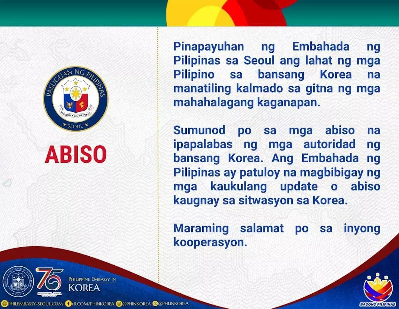 In Seoul, Filipinos told to stay calm