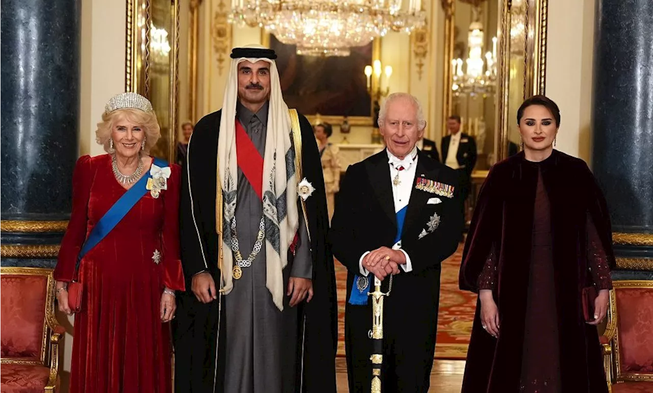 Sheikha Jawaher Embraces Burgundy Trend in Custom Jean Paul Gaultier for State Dinner at Buckingham Palace