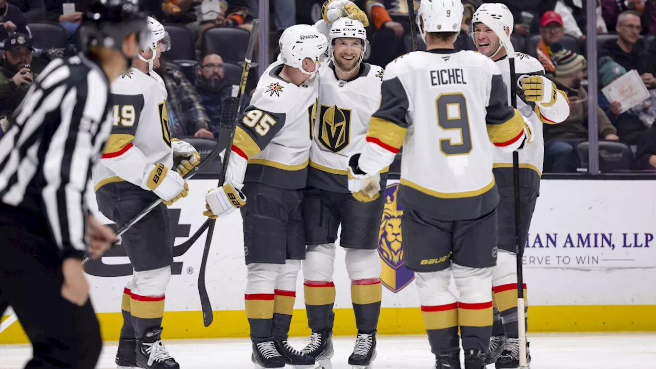 Theodore scores 2 goals in Golden Knights' 4-1 win over Anaheim, which loses Zegras to injury