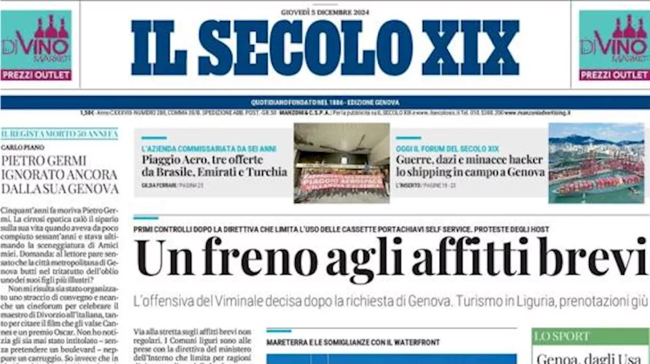 Il Secolo XIX in prima pagina: 'Genoa, dagli USA altre nubi sulla società'