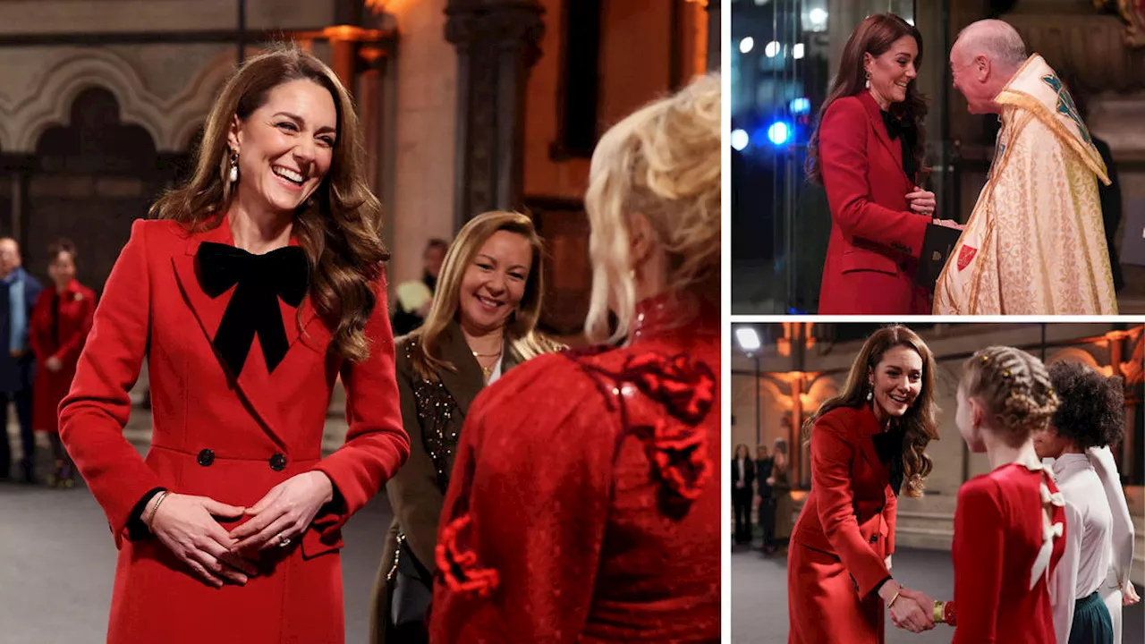 Lady in red: Kate arrives at Westminster Abbey as beaming royal attends Christmas carol service