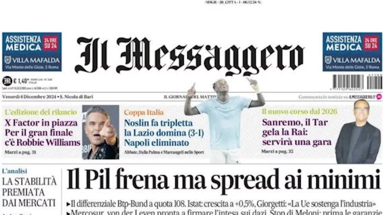 Il Messaggero in prima pagina sulla Lazio: 'Noslin fa tripletta, Napoli eliminato'