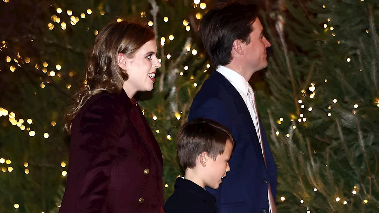 Pregnant Princess Beatrice puts on a festive display in crimson alongside stepson Wolfie and Edo...