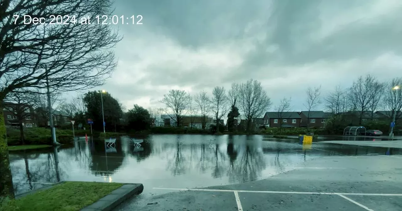 Storm Darragh floods Greater Manchester supermarket car park