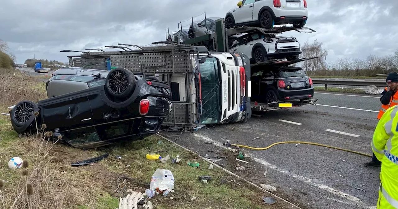 Overturned lorry poured cars and diesel over the A43 caused four hours of delays