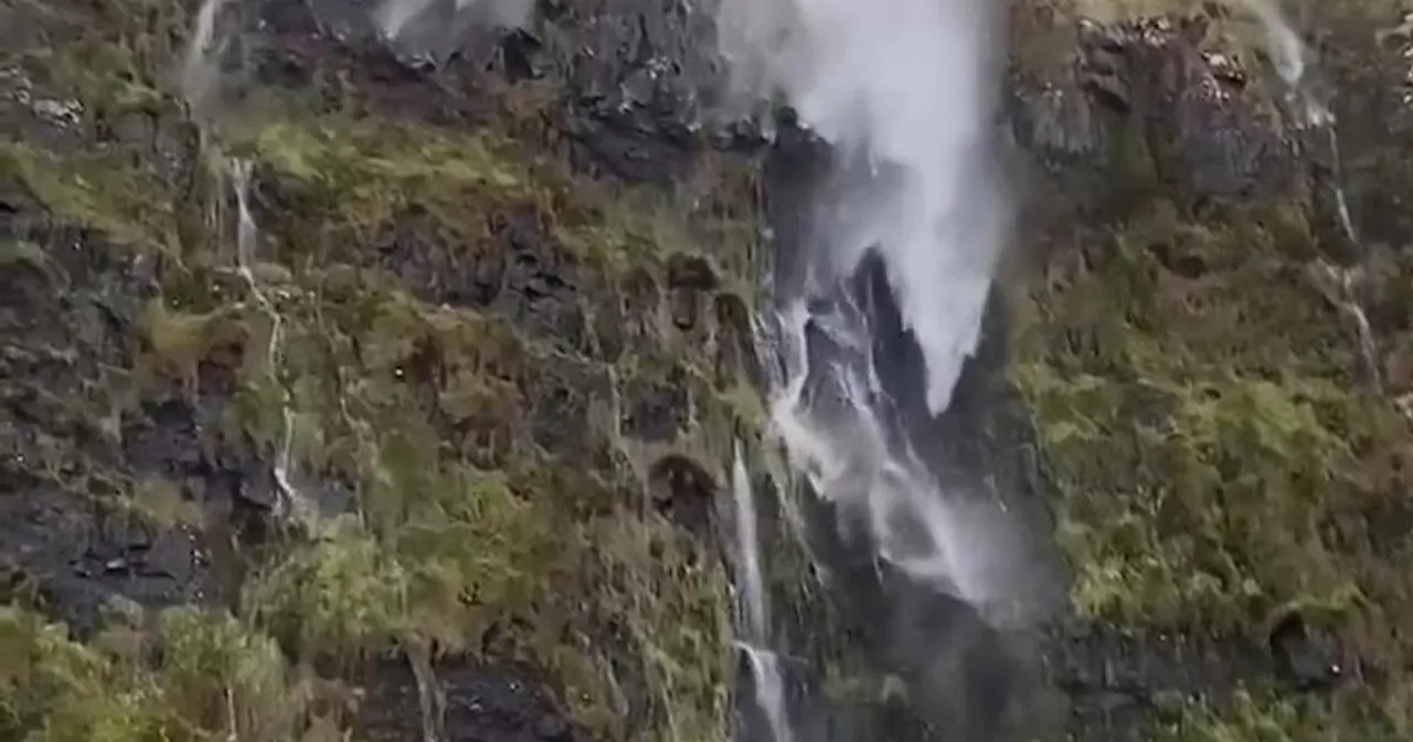 Extraordinary Storm Darragh clip shows waterfall flowing backwards in UK winds