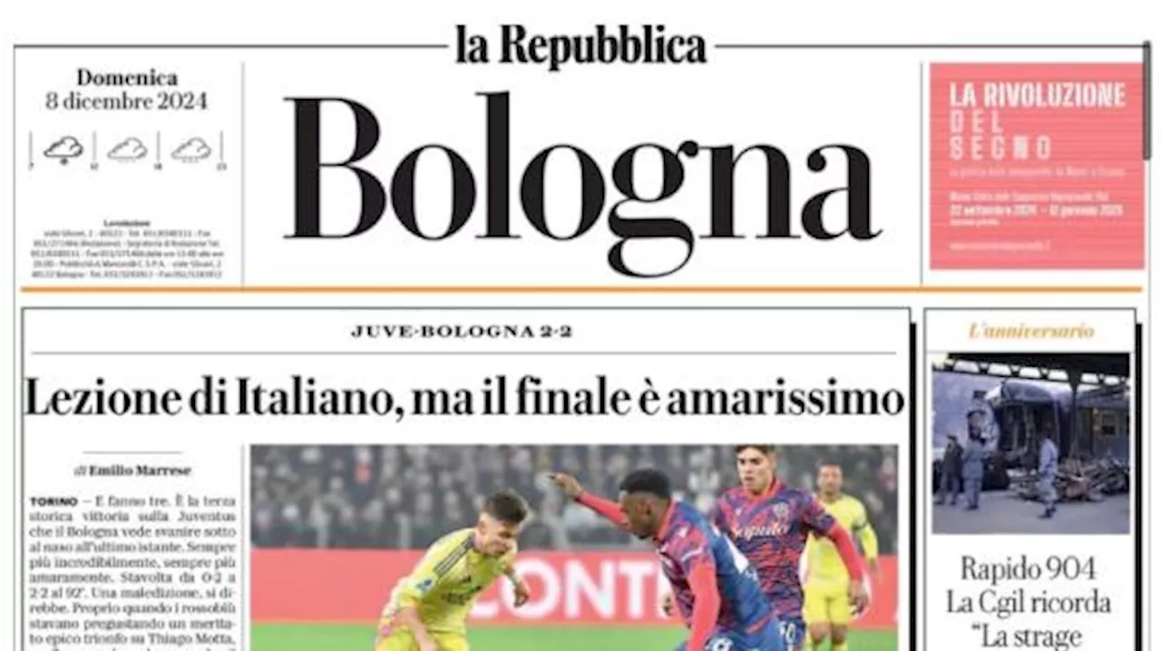 La Repubblica (ed. Bologna) apre: 'Lezione di Italiano ma il finale è amarissimo'