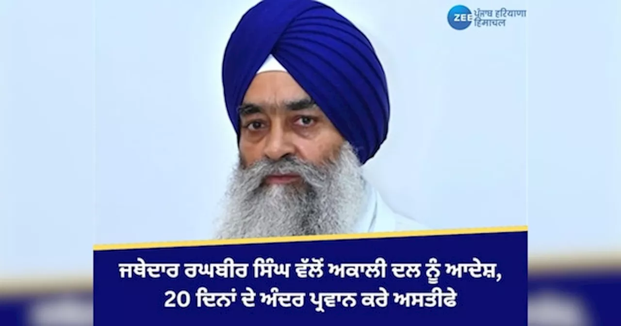 Punjab news: ਜਥੇਦਾਰ ਰਘਬੀਰ ਸਿੰਘ ਵੱਲੋਂ ਅਕਾਲੀ ਦਲ ਨੂੰ ਆਦੇਸ਼, 20 ਦਿਨਾਂ ਦੇ ਅੰਦਰ ਪ੍ਰਵਾਨ ਕਰੇ ਅਸਤੀਫੇ