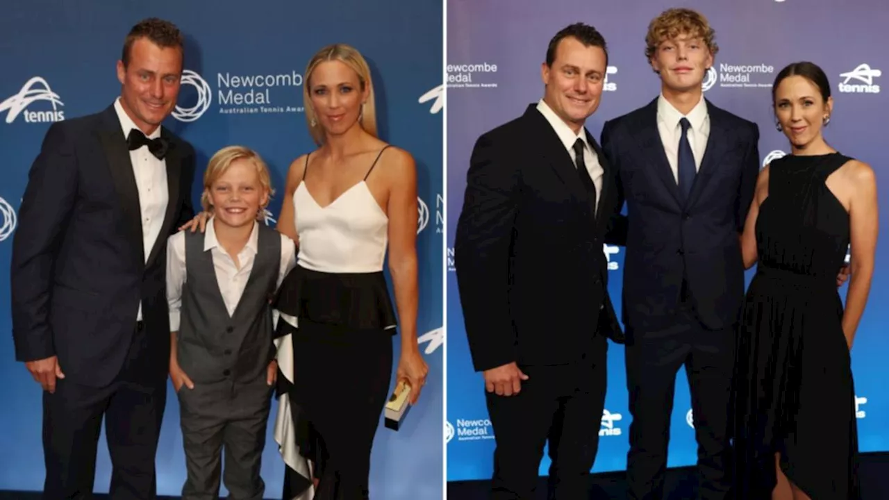 Cruz Hewitt all grown up as he towers over famous parents Lleyton and Bec at Newcombe Medal