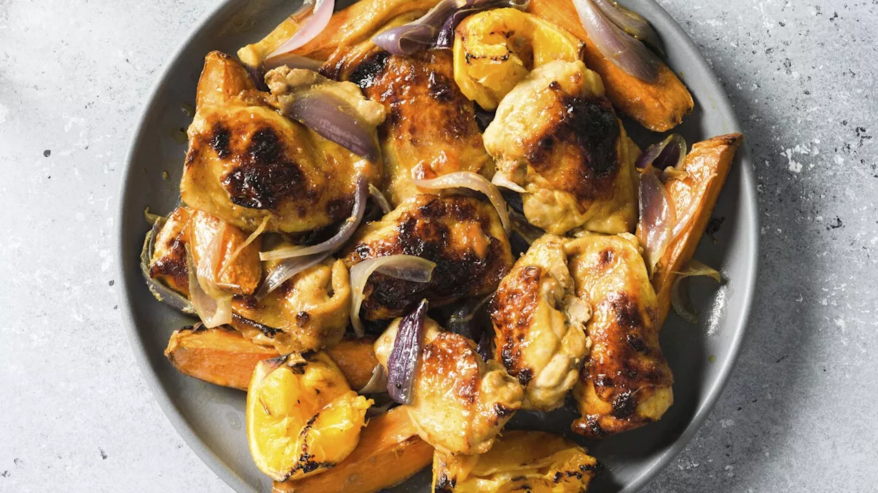 Roasted orange adds big flavor to Smoky Chicken Sweet Potato Traybake