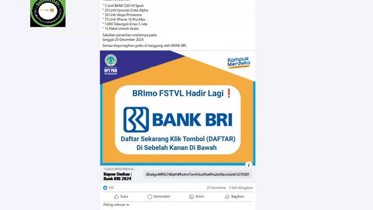 Cek Fakta: Tidak Benar Link Pendaftaran Kupon Undian BRI Festival Berhadiah Mobil BMW sampai Umroh