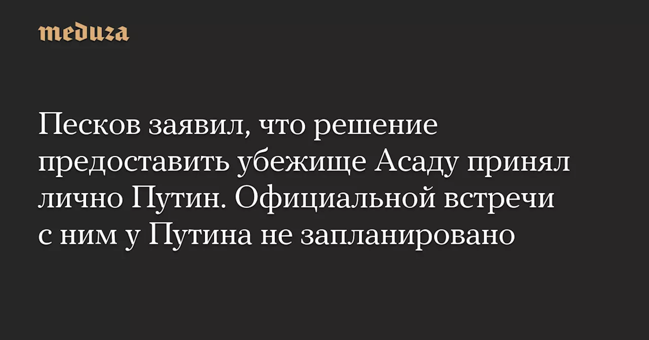 Песков заявил, что решение предоставить убежище Асаду принял лично Путин. Официальной встречи с ним у Путина не запланировано