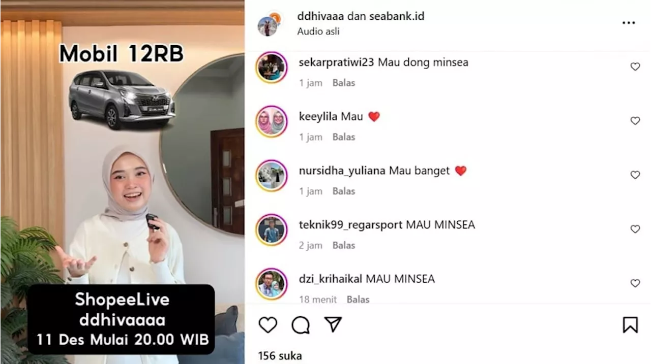 Shopee Live Dhiva Hadirkan Flash Sale Mobil Toyota Calya, Hanya 12RB Saja!