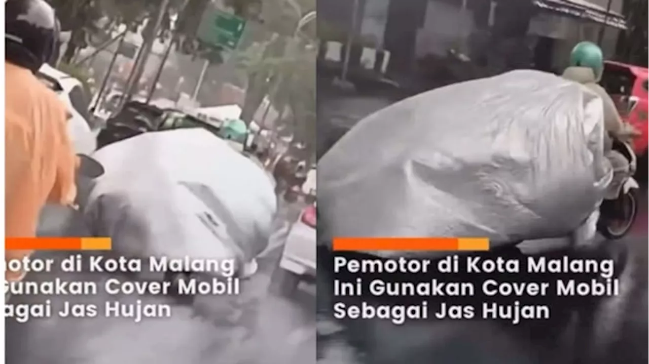 Pemotor Gunakan Cover Mobil Sebagai Pengganti Jas Hujan, Netizen: Bahaya Banget!