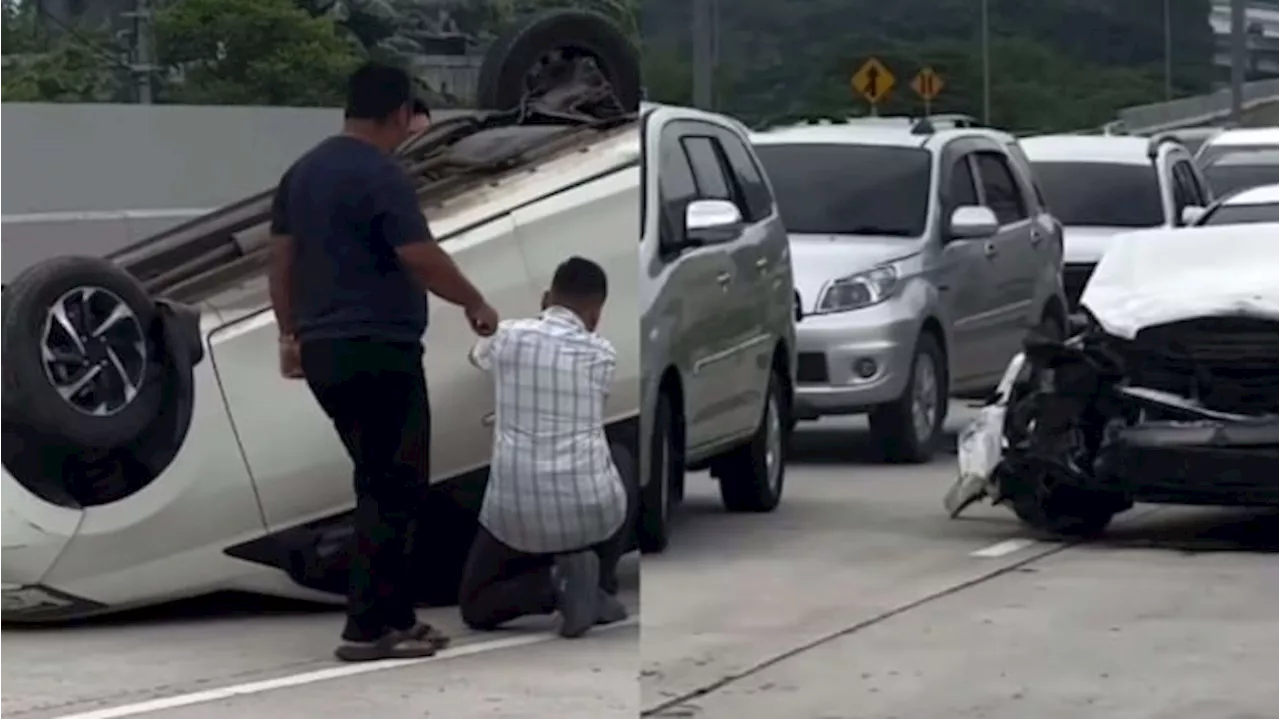 Tol Balaraja Makan Korban Lagi, Mobil Mewah Mercedes-Benz Tabrak Agya hingga Terbalik