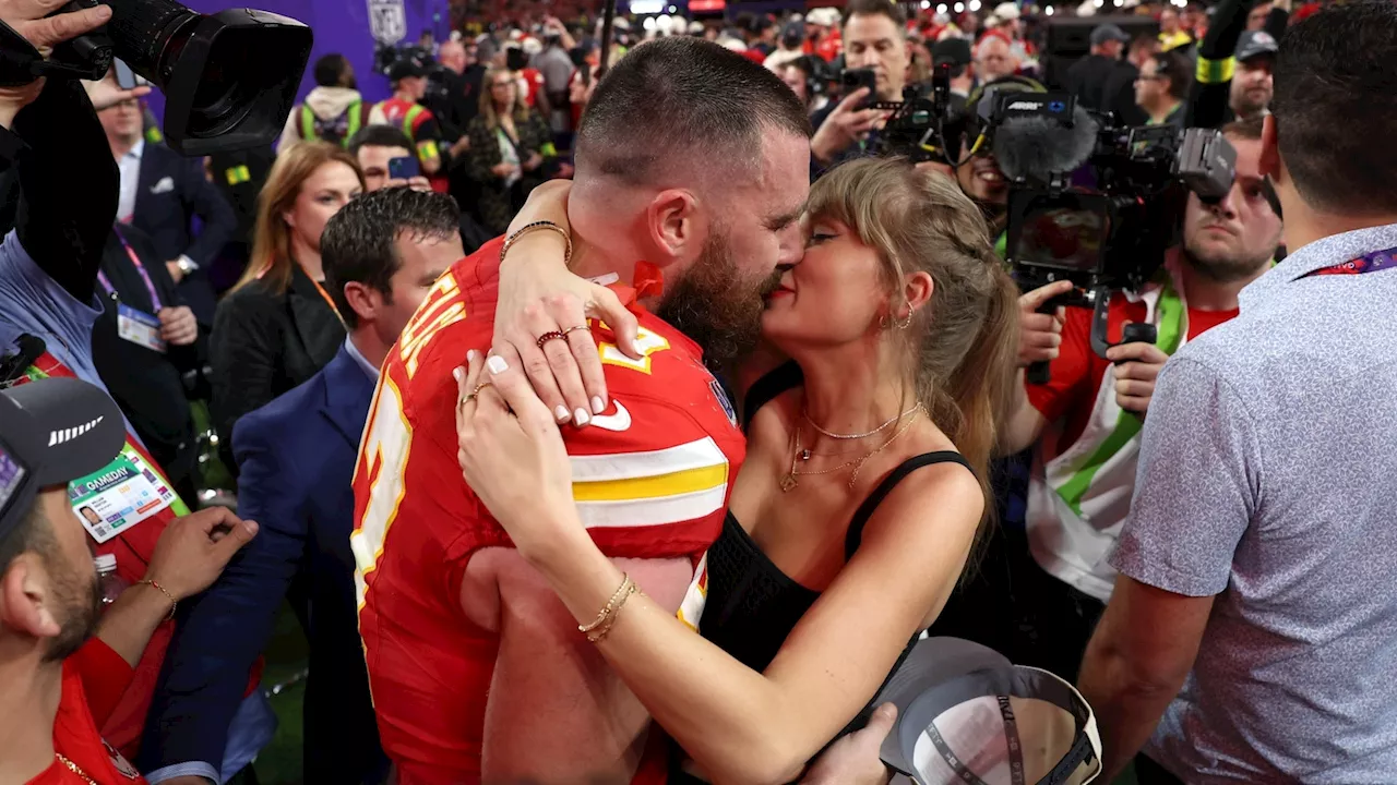 Taylor Swift celebrates with Travis Kelce as Kansas City Chiefs win Super Bowl