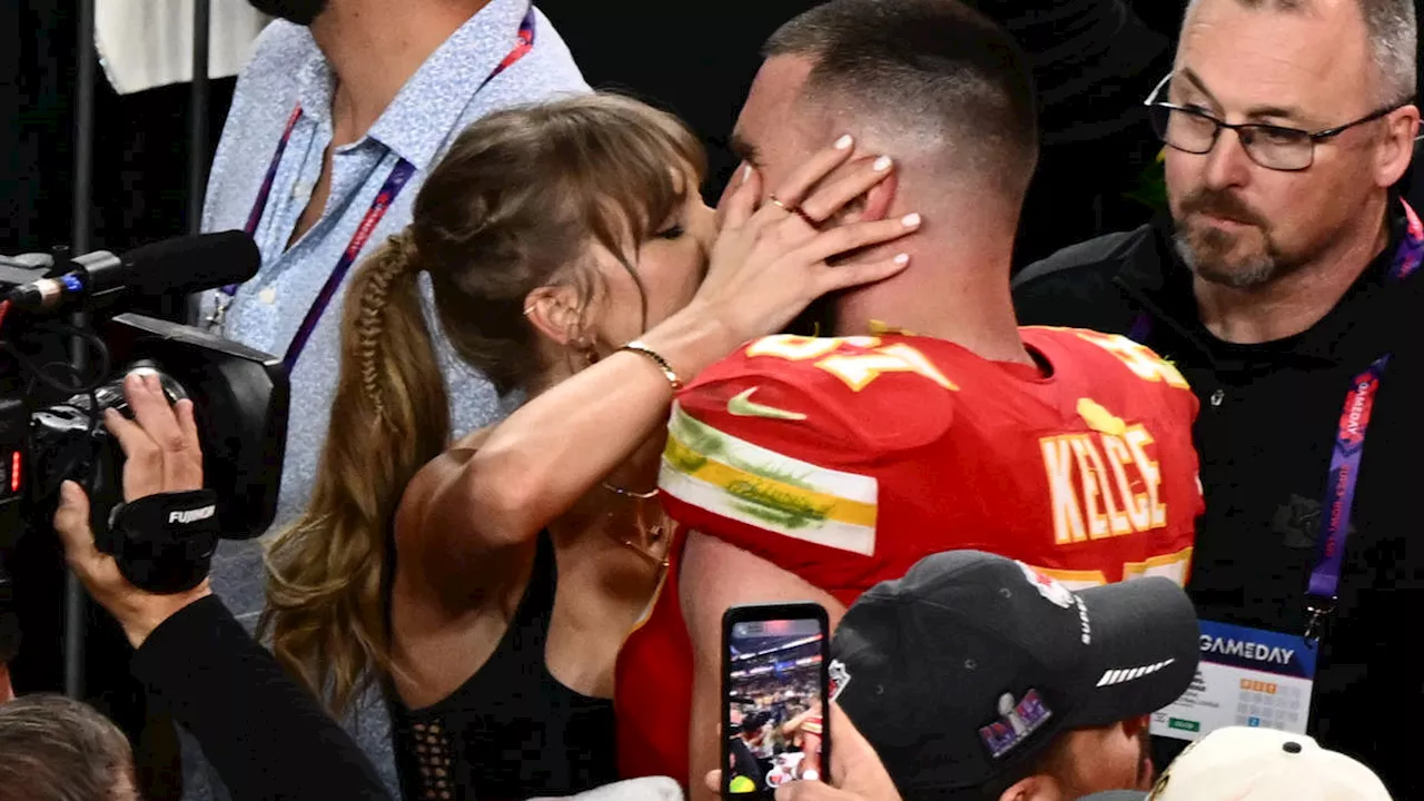 Sealed with a kiss: Taylor Swift and Travis Kelce celebrate on field after Kansas City Chiefs Super Bowl win