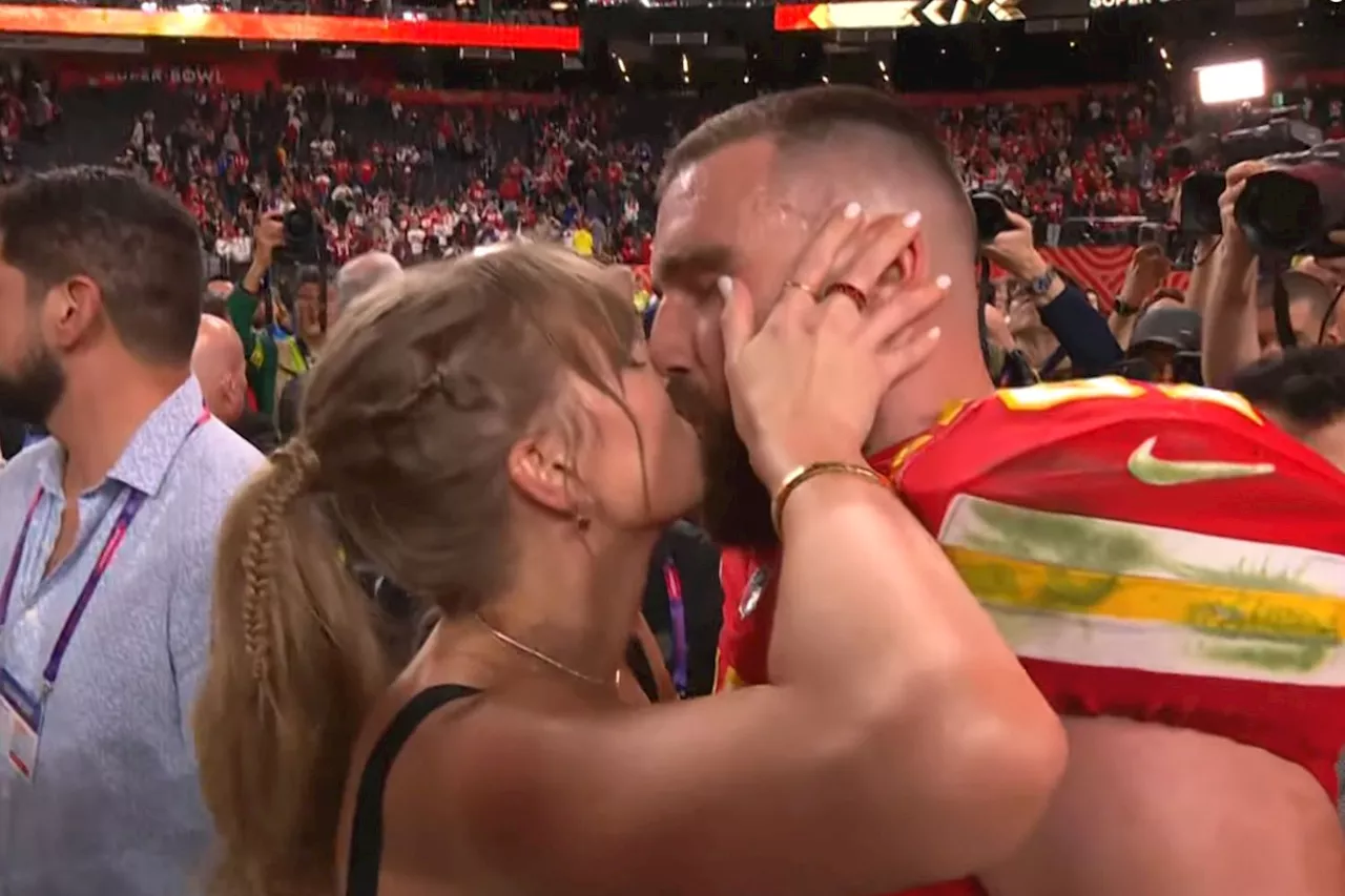 Travis Kelce Kisses Taylor Swift on the Field After 2024 Super Bowl Win