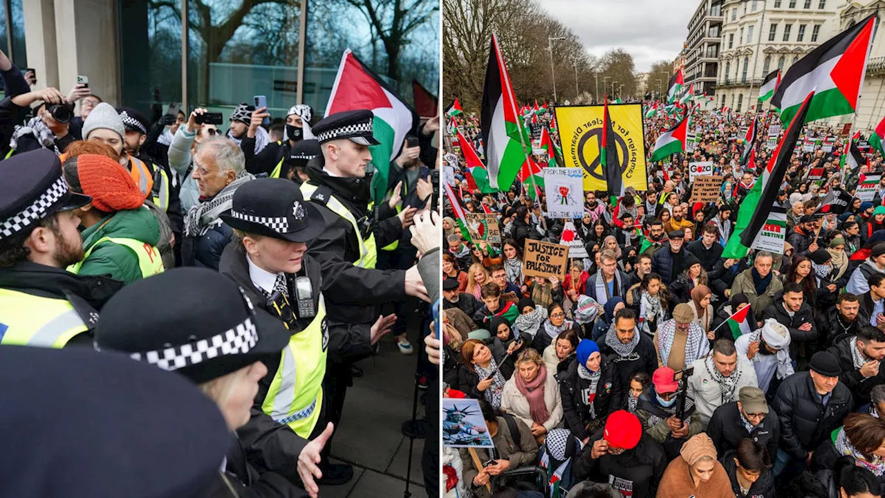 Eleven arrested as more than 200,000 pro-Palestine demonstrators march through London calling for Gaza...