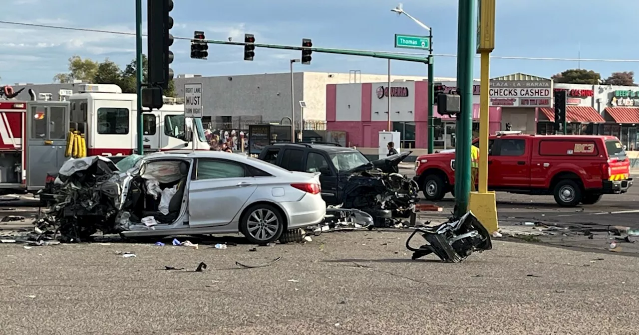 Two hurt after six-vehicle crash near 35th Avenue and Thomas Road in west Phoenix