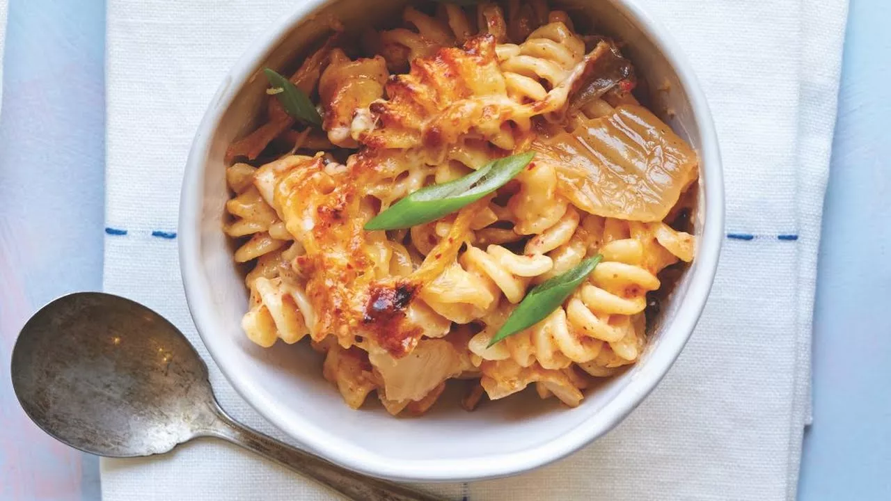 Korean-inspired Kimchi, Bacon, and Cheddar Pasta