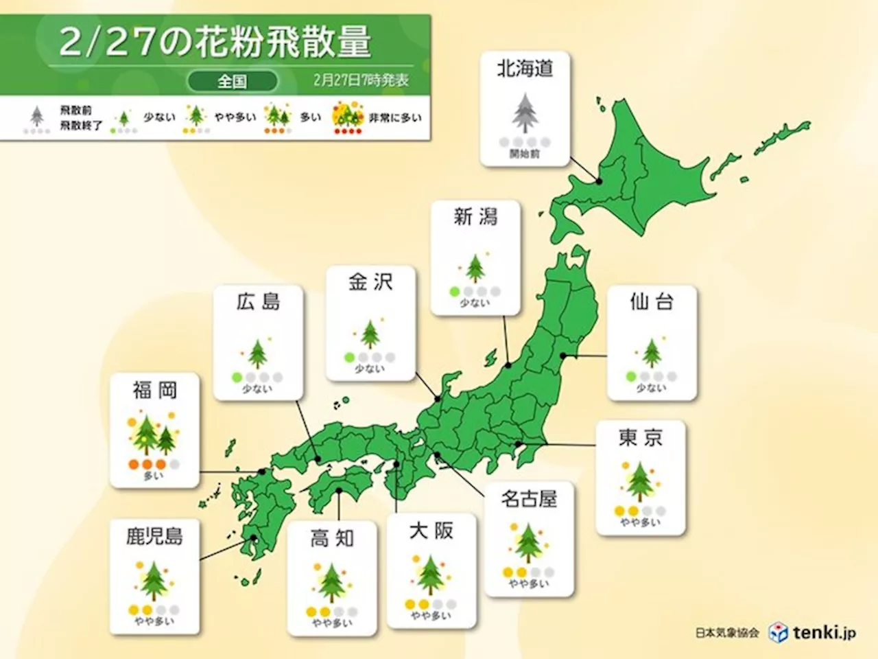 27日の花粉情報 福岡など飛散量「多い」 3月には東北北部でも飛散開始(気象予報士 日直主任 2024年02月27日)