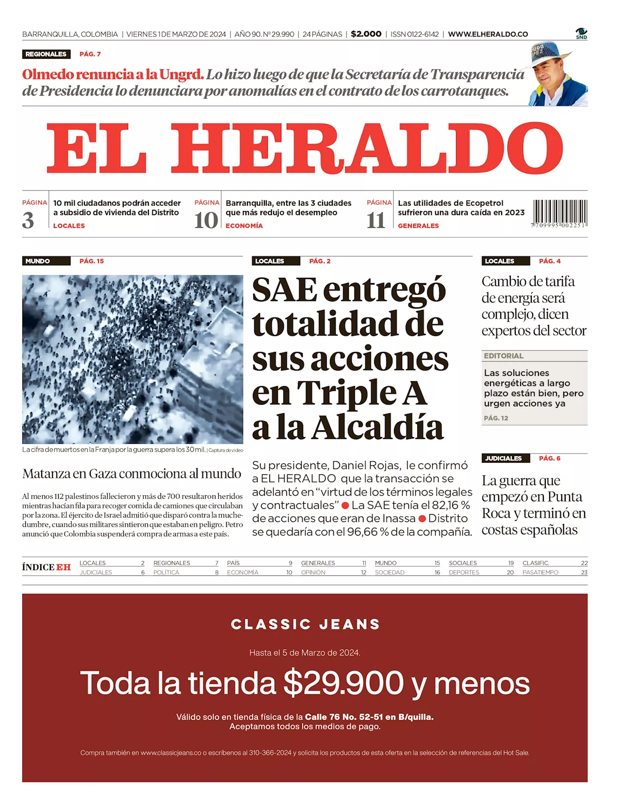 SAE entregó totalidad de sus acciones en Triple A a la Alcaldía